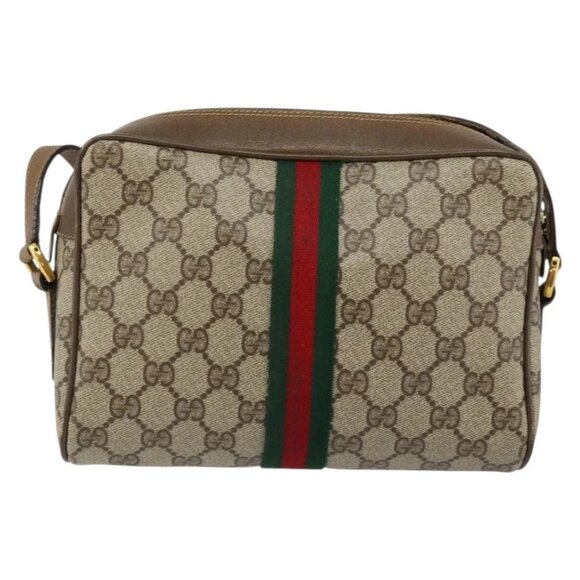 GUCCI GG Canvas Web Sherry Line Shoulder Bag PVC Leather Beige Red Auth 146142 - Picture 3 of 16